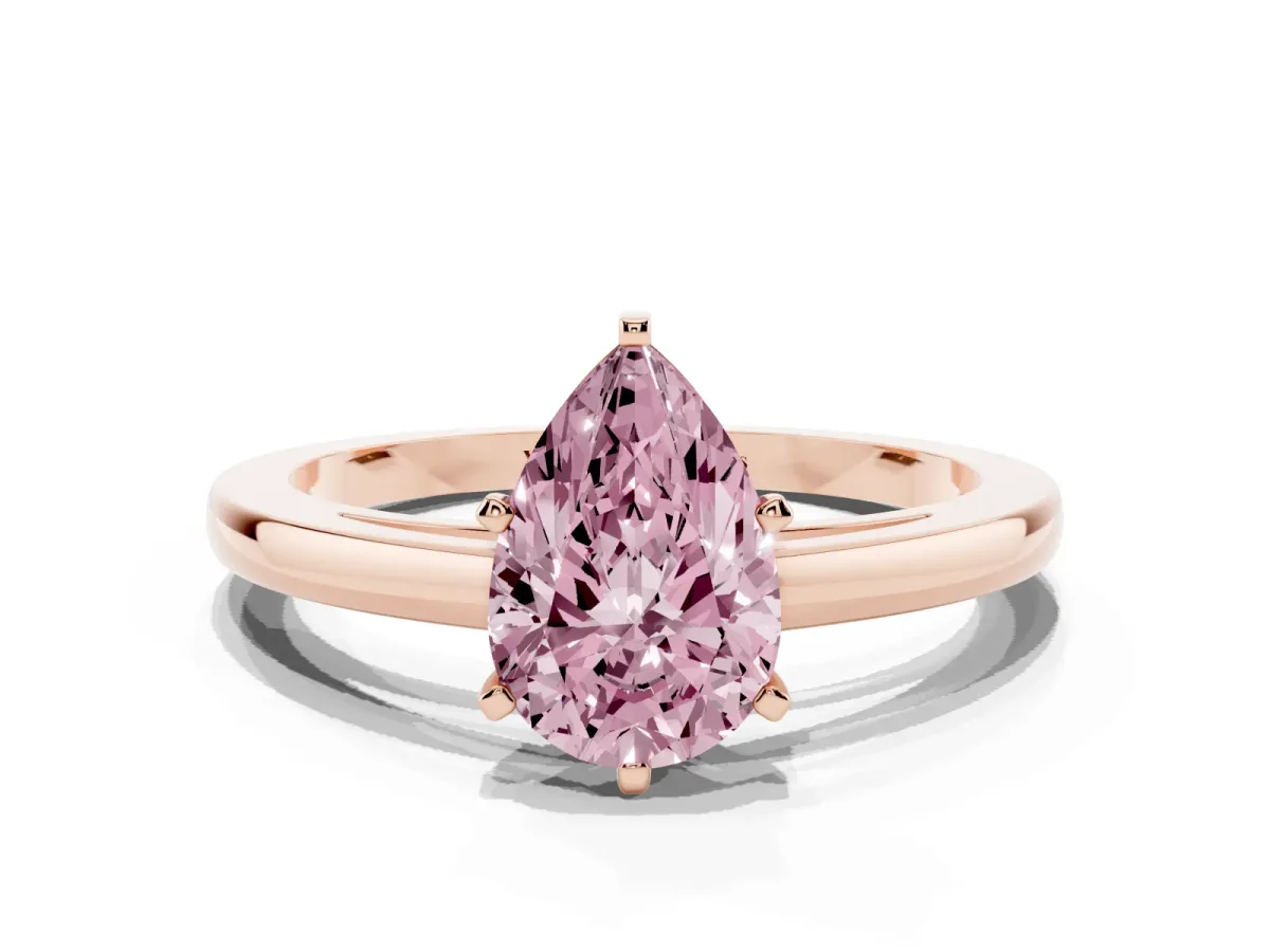 Fancy Pink Pear Cut Solitaire Diamond Engagement Ring with Four-Prong Setting on a Classic Band Rose gold