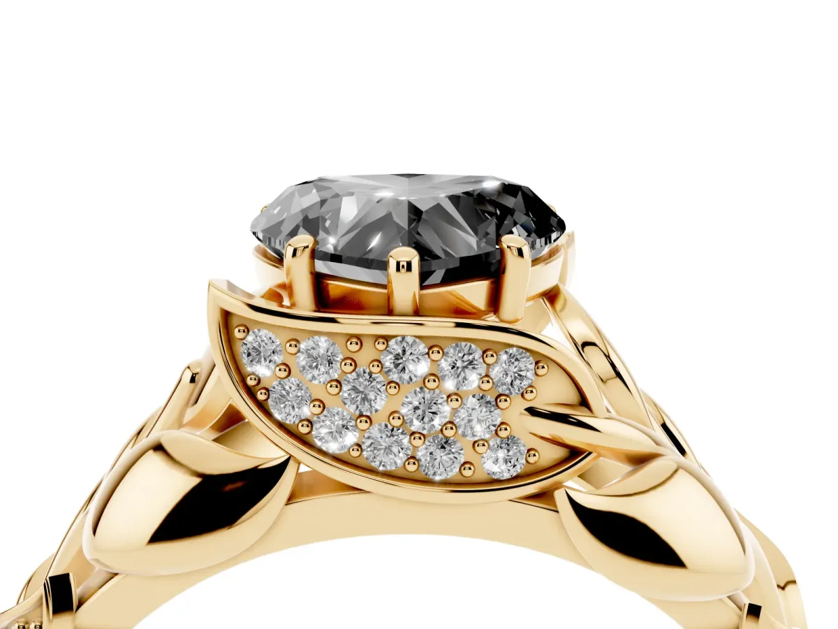 Fancy Black Heart Cut Diamond Leaf-Inspired Engagement Ring with Round Accents and Prong Setting Yellow gold