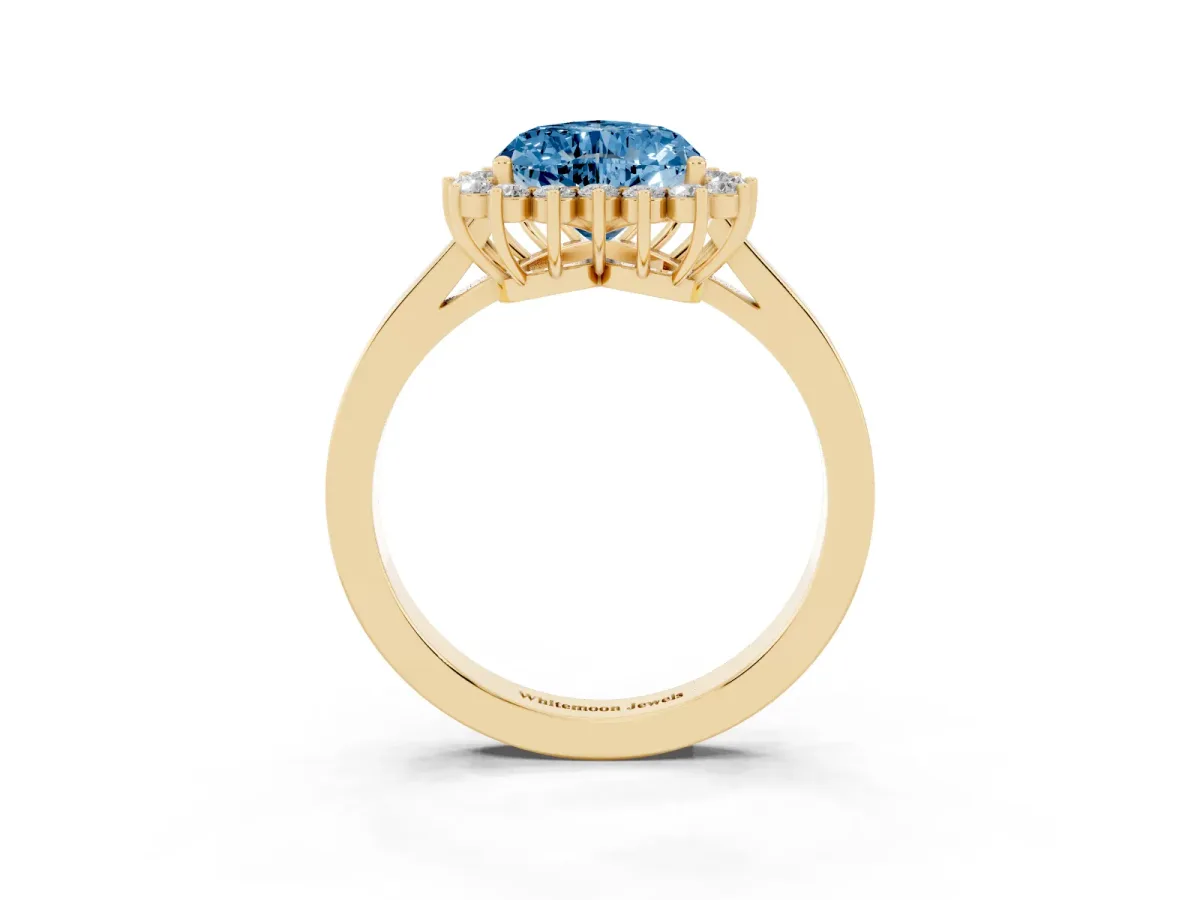 Fancy Blue Heart Cut Cut Diamond Halo Ring with Round Brilliant Halo and Solitaire Band Yellow gold