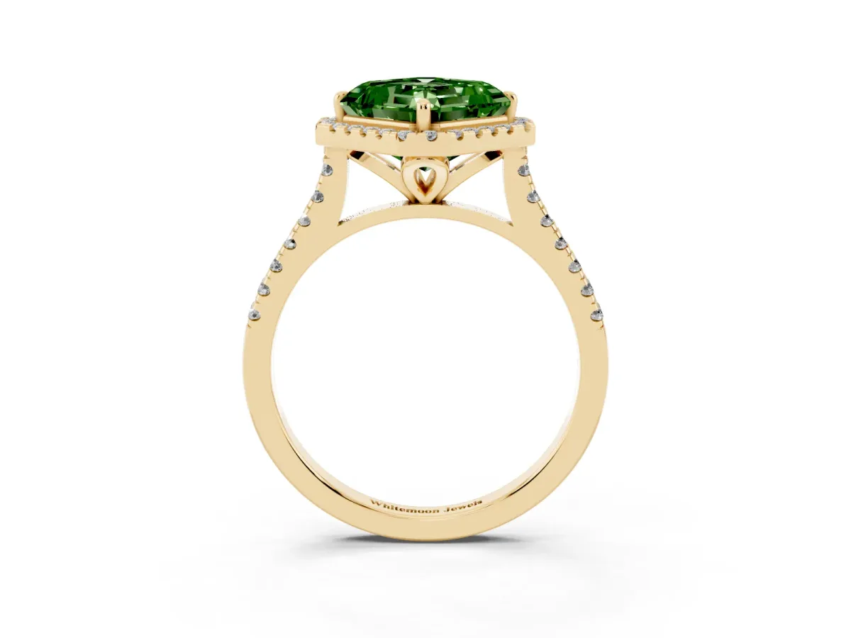 Fancy Green Asscher Cut Diamond Cushion Halo Ring with Pavé Band Yellow gold