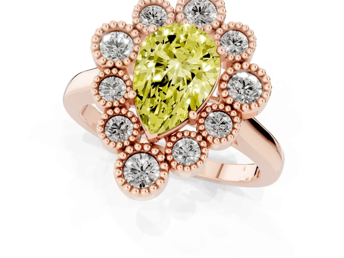 Fancy Yellow Pear Cut Halo Diamond Cluster Engagement Ring with Milgrain Bezel Setting and Solitaire Band Rose gold