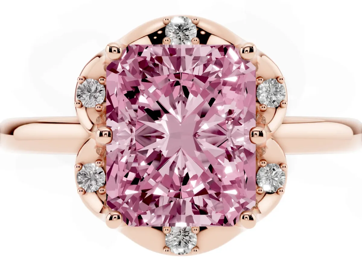 Fancy Pink Radiant Cut Halo Diamond Ring with Round Cluster Setting, Solitaire Band, and Four-Prong Setting Rose gold