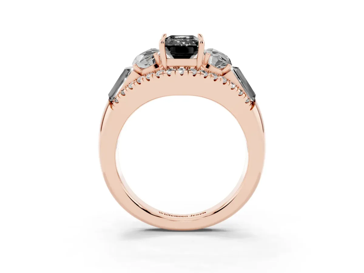 Fancy Black Three-Stone Emerald Cut Diamond Engagement Ring with Pave Band and Prong Setting Rose gold