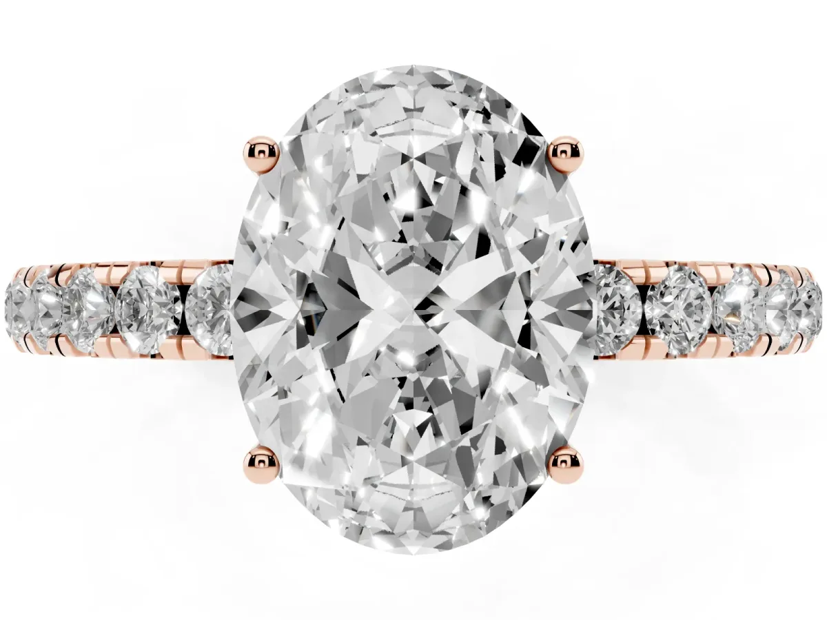 Oval Cut Diamond Pavé Solitaire Engagement Ring with Four-Prong Setting Rose gold