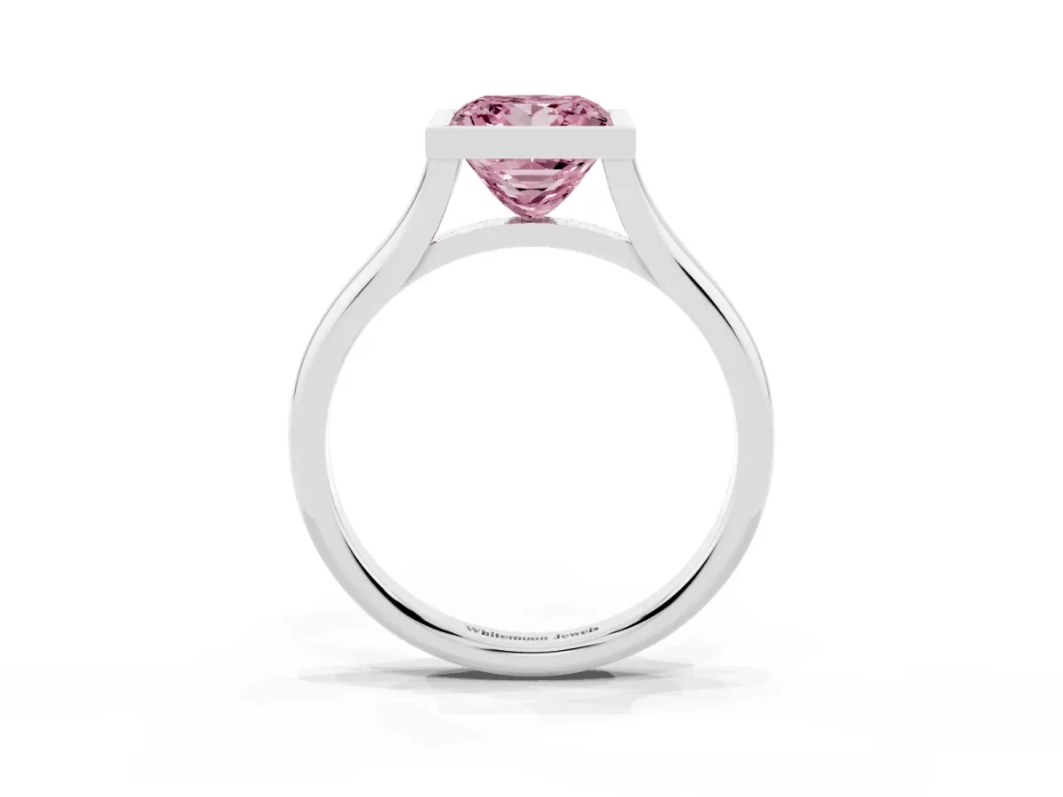 Fancy Pink Bezel Set Princess Cut Cut Solitaire Ring with Tapered Band Silver