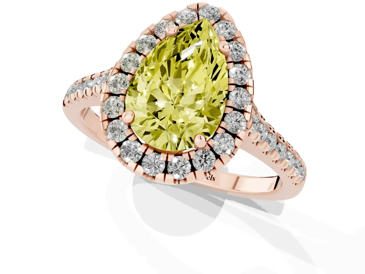 Fancy Yellow Pear Cut Diamond Cushion Halo Ring with Pavé Band Rose gold