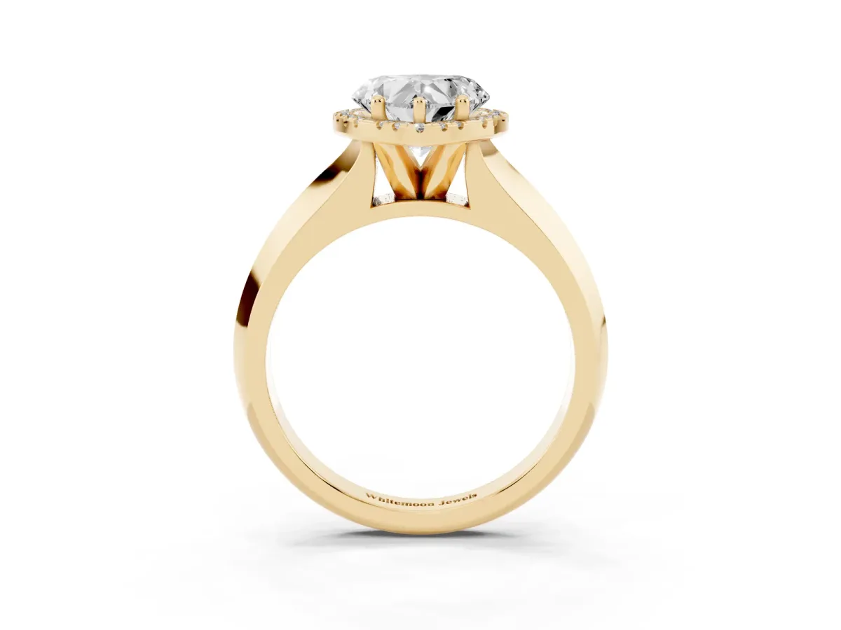 Heart Cut Halo Diamond Ring with Cathedral Band and Four-Prong Setting Yellow gold
