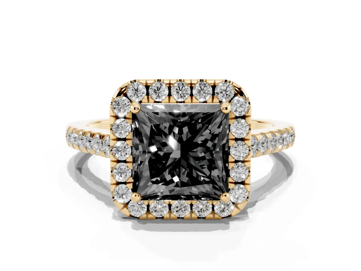 Fancy Black Princess Cut Halo Pave Diamond Engagement Ring with Four-Prong Setting Yellow gold