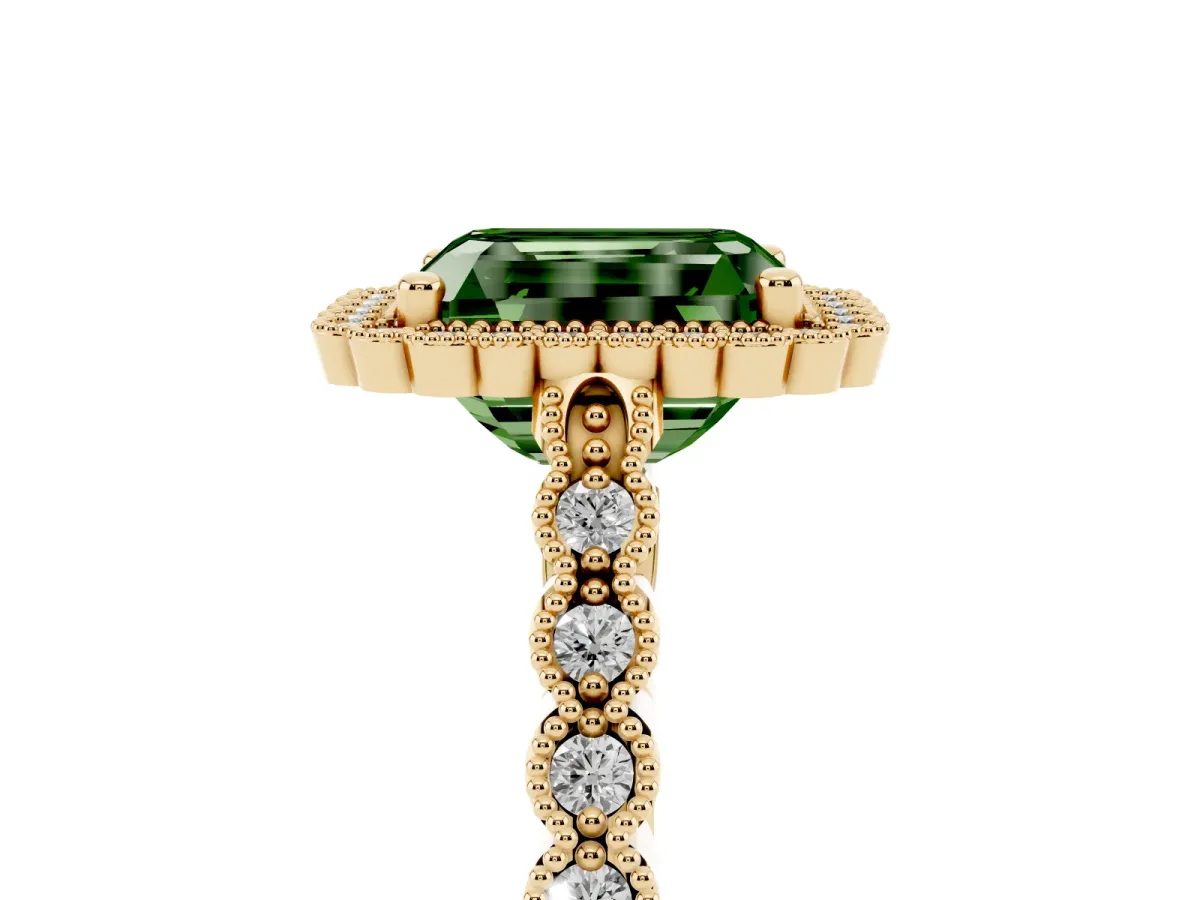 Fancy Green Radiant Cut Cut Halo Pavé Solitaire Ring with Milgrain Band Yellow gold