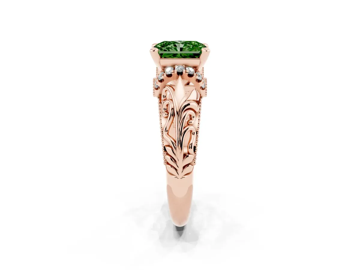 Fancy Green Radiant Cut Solitaire Filigree Engagement Ring with Halo and Prong Setting Rose gold
