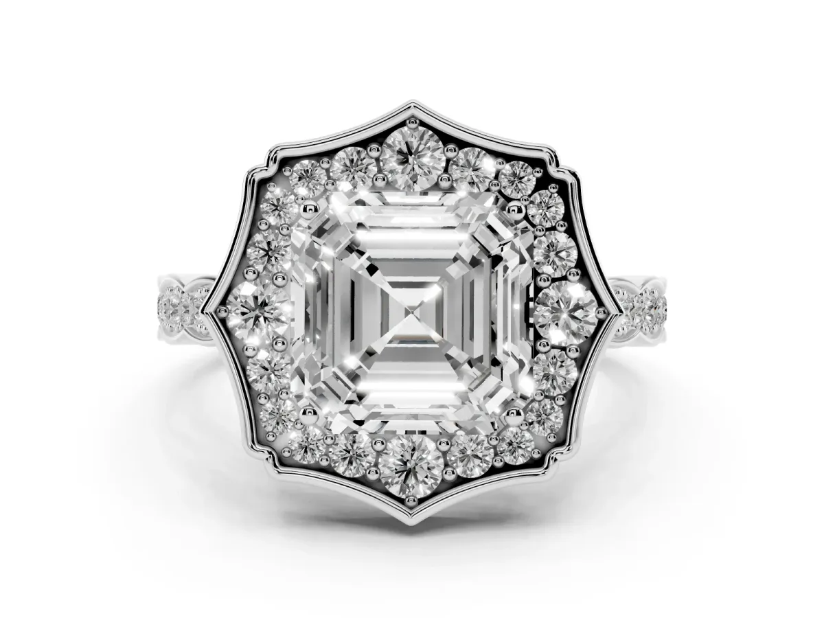 Asscher Cut Halo Diamond Engagement Ring with Milgrain Band and Four-Prong Setting White gold