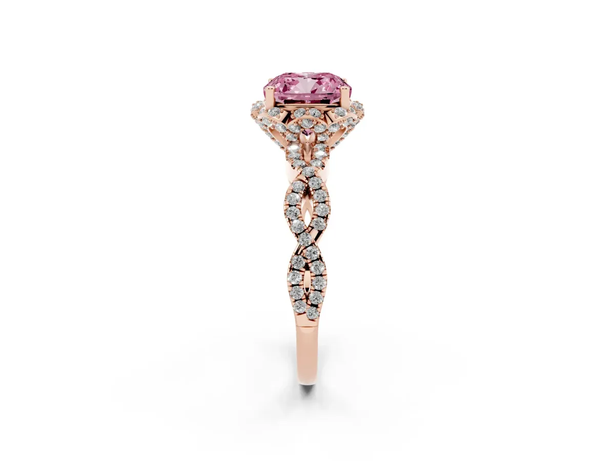Fancy Pink Cushion Cut Halo Twist Band Solitaire Ring with Six-Prong Setting Rose gold