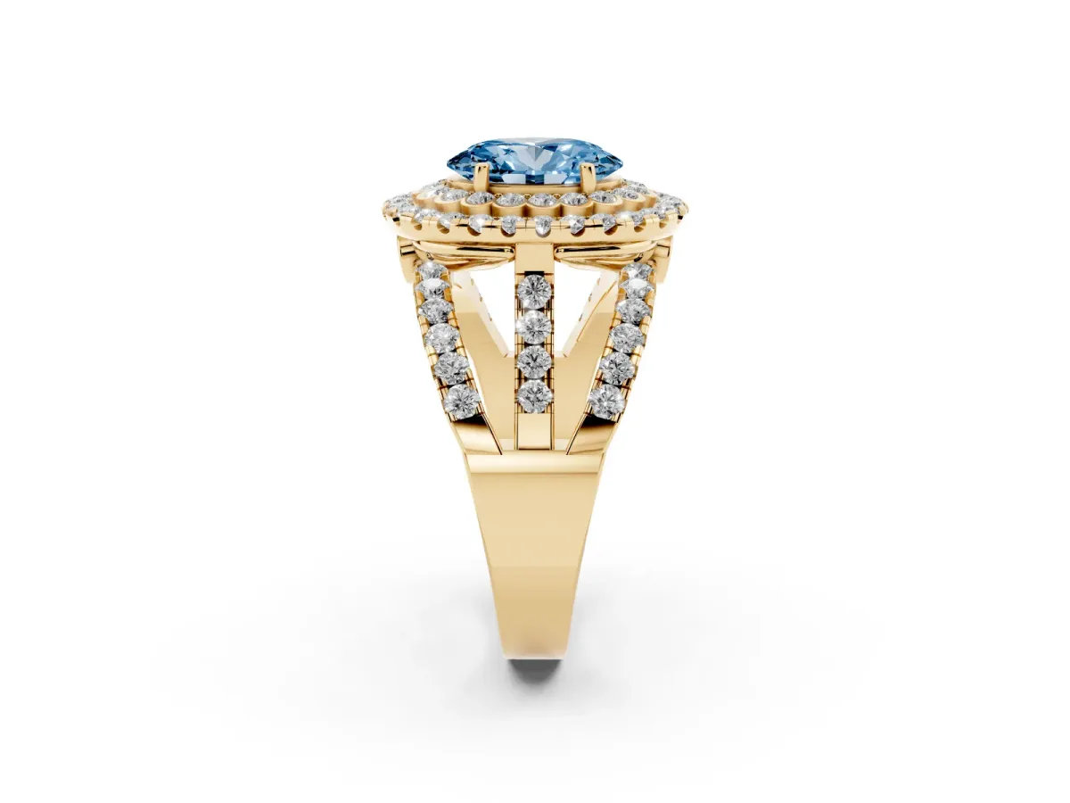 Fancy Blue Oval Cut Diamond Double Halo Ring with Round Pavé Split Shank and Prong Setting Yellow gold