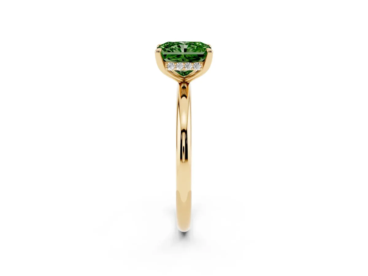 Fancy Green Radiant Cut Diamond Solitaire Ring with Thin Band and Four-Prong Setting Yellow gold