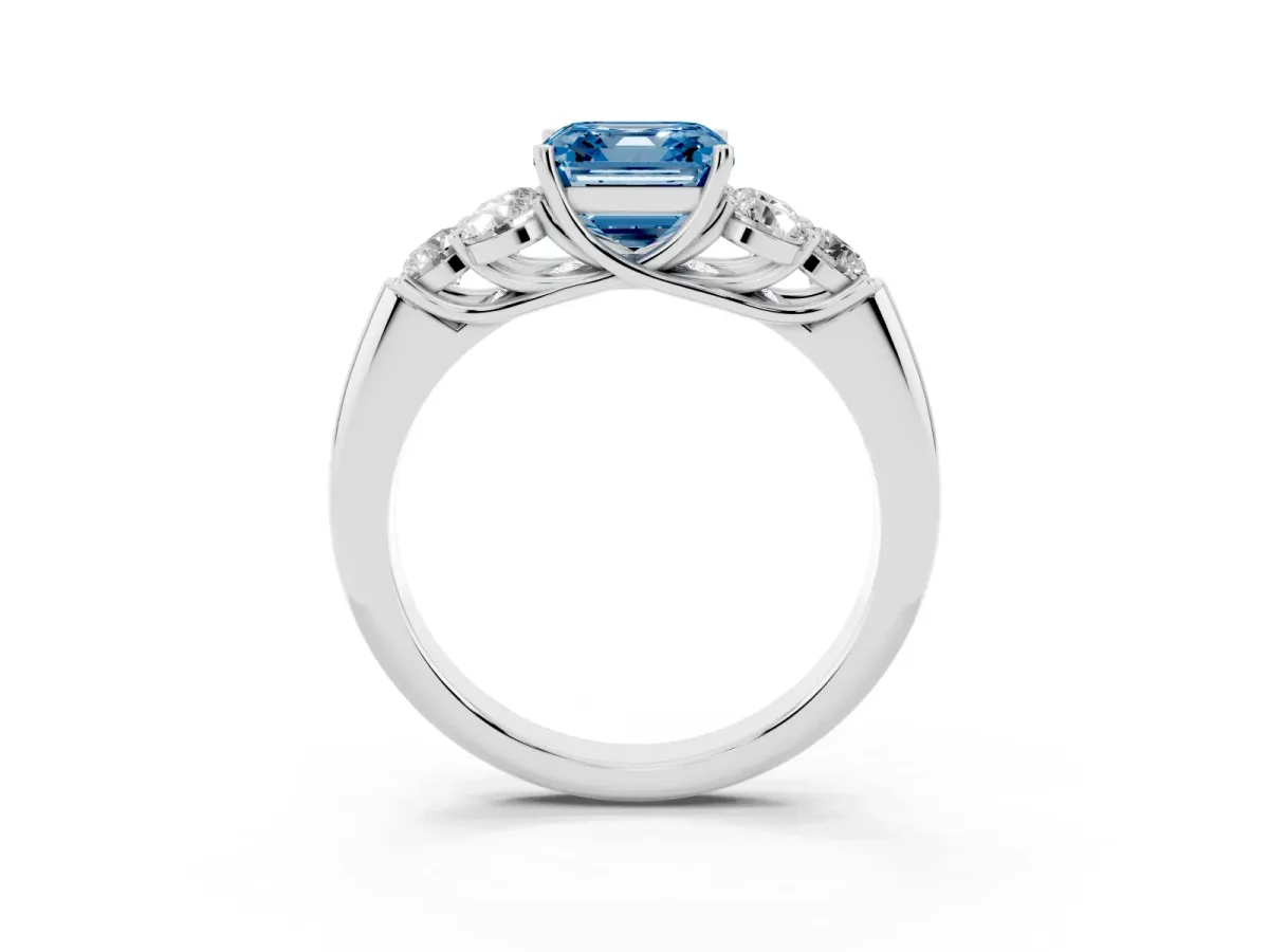 Fancy Blue Asscher Cut Cut Diamond Cluster Ring with Round Accent Stones and Prong Setting on a Classic Band White gold
