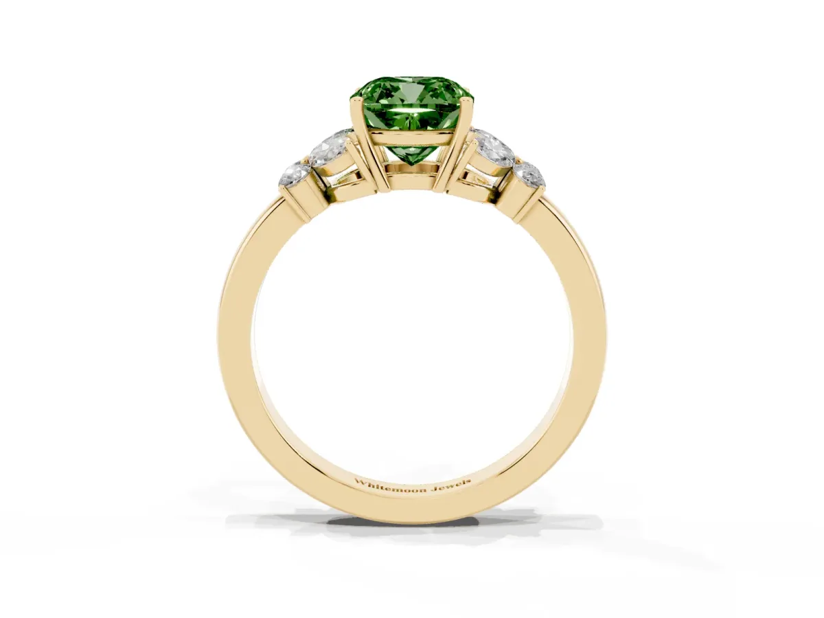 Fancy Green Cushion Cut Cut Solitaire Floral Diamond Ring with Four-Prong Setting Yellow gold