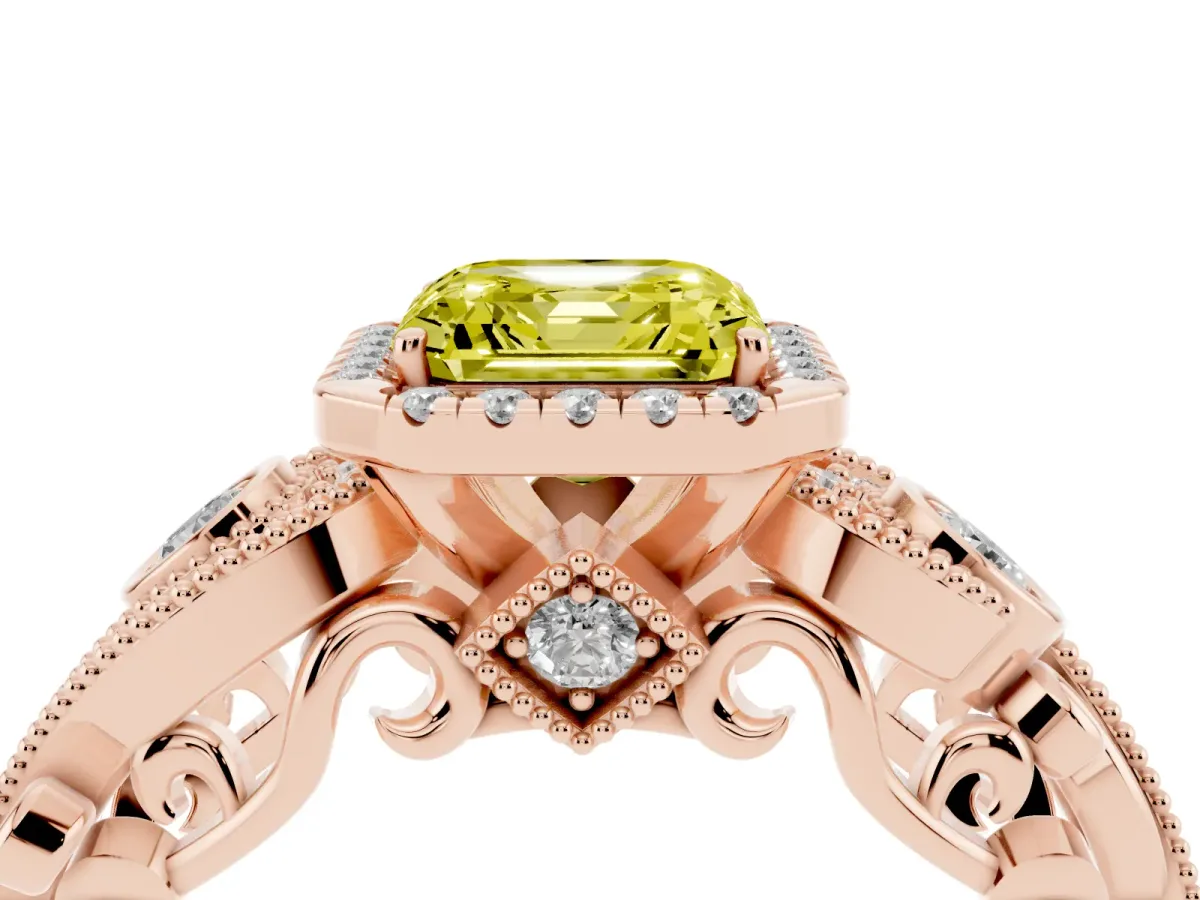 Fancy Yellow Asscher Cut Halo Diamond Ring with Milgrain and Bezel Accents on a Split Shank Band Rose gold