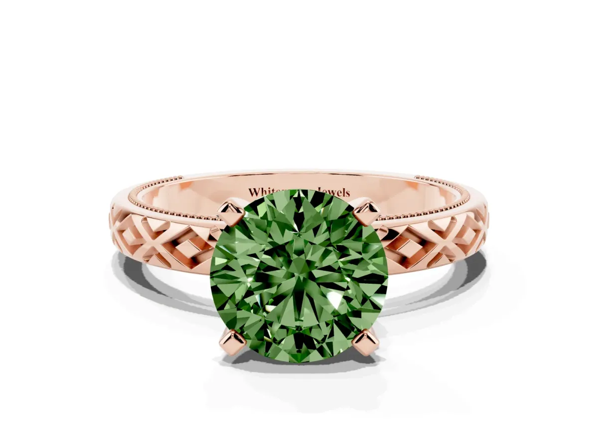 Fancy Green Round Cut Solitaire Diamond Ring with Milgrain and Black Enamel X Pattern Band Rose gold