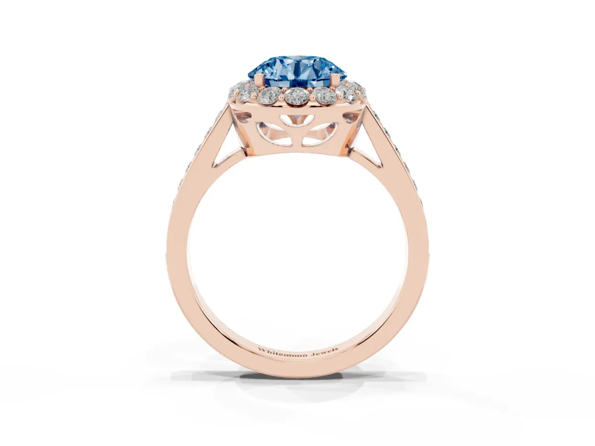 Fancy Blue Round Cut Diamond Floral Halo Ring with Pavé Band and Prong Setting Rose gold