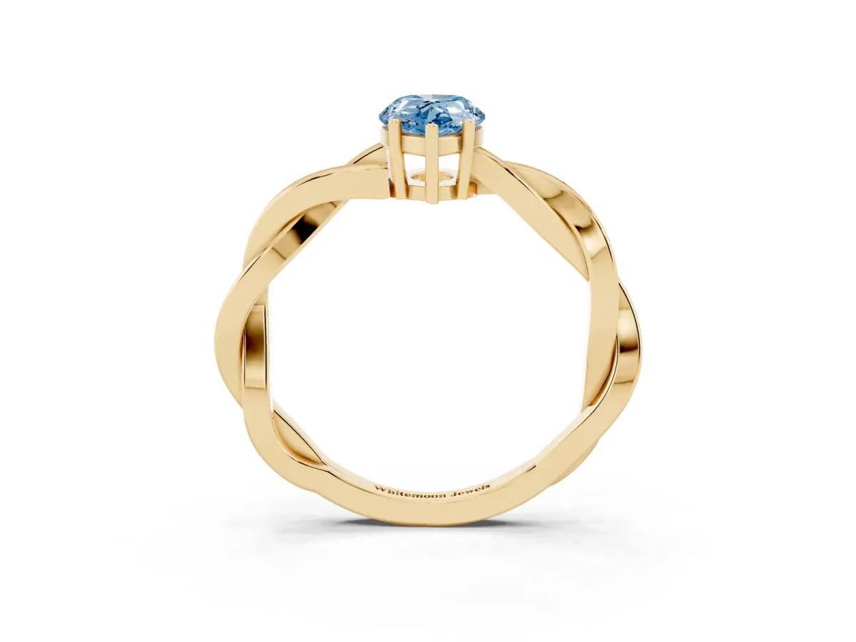 Fancy Blue Pear Cut Solitaire Twisted Pave Diamond Ring with Four-Prong Setting Yellow gold