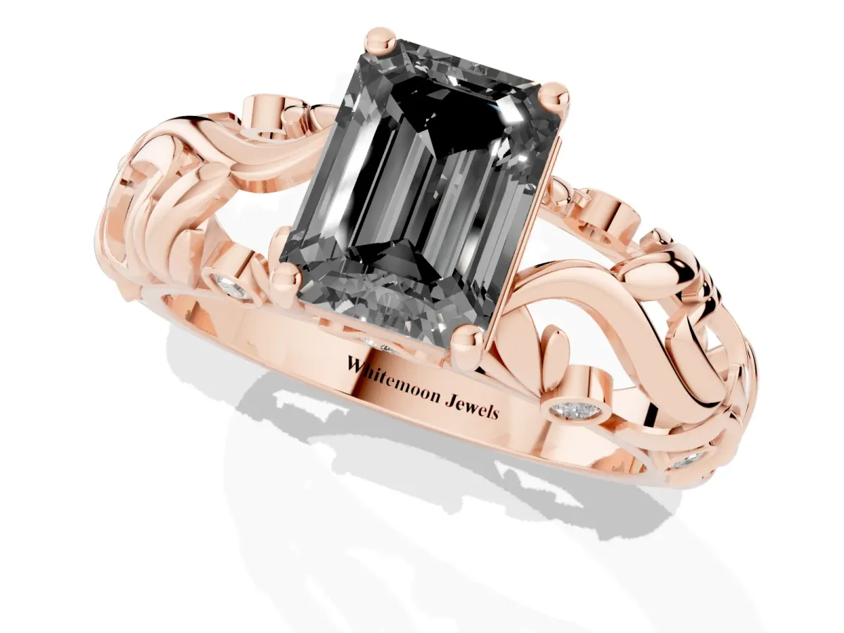 Fancy Black Emerald Cut Solitaire Diamond Leaf-Inspired Vine Band Ring with Prong Setting Rose gold