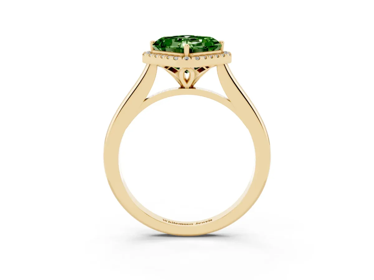 Fancy Green Asscher Cut Halo Round Diamond Solitaire Engagement Ring with Pave Band and Four-Prong Setting Yellow gold