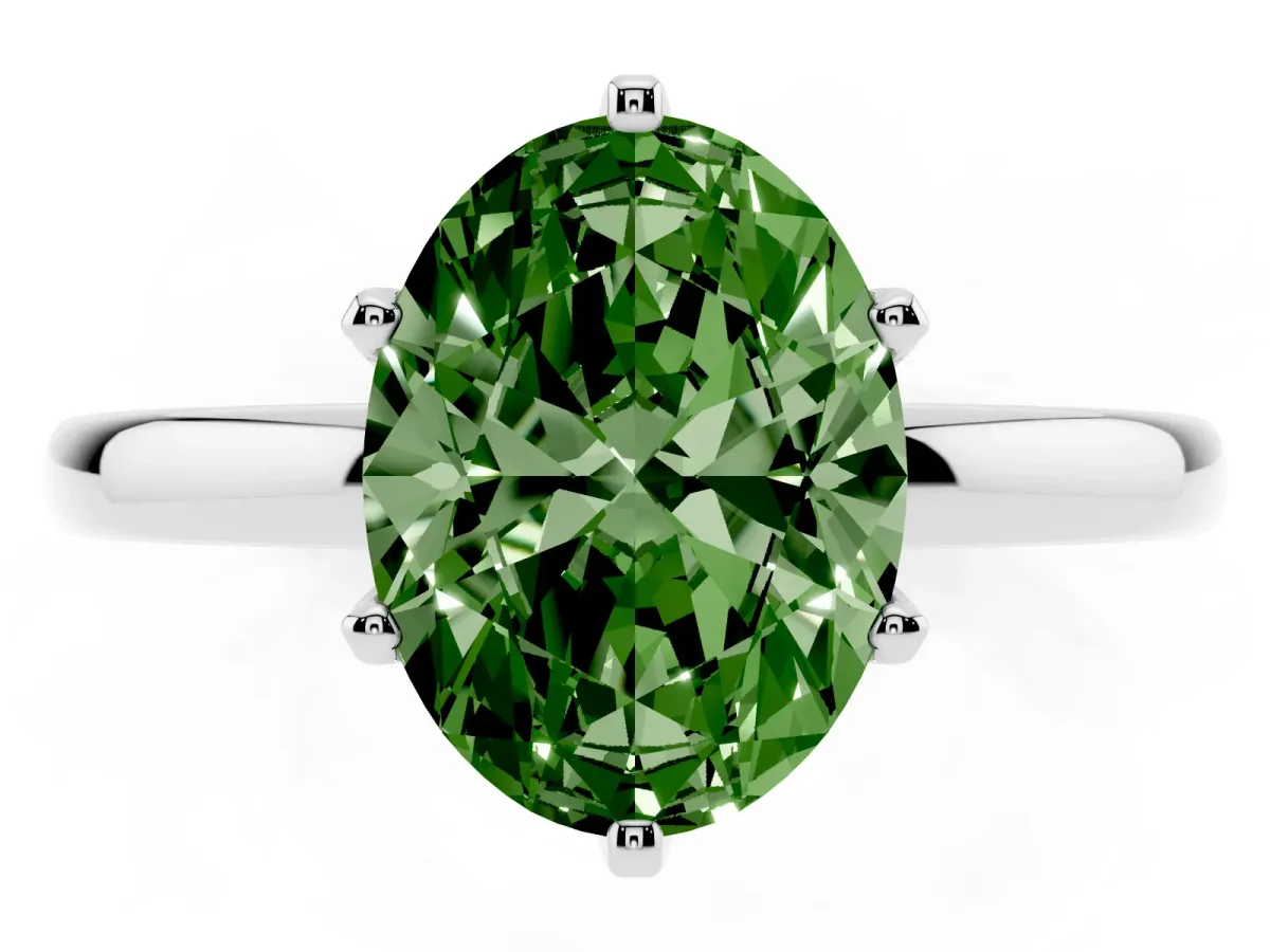 Fancy Green Oval Cut Solitaire Diamond Ring with Six-Prong Setting on a Classic Band Silver