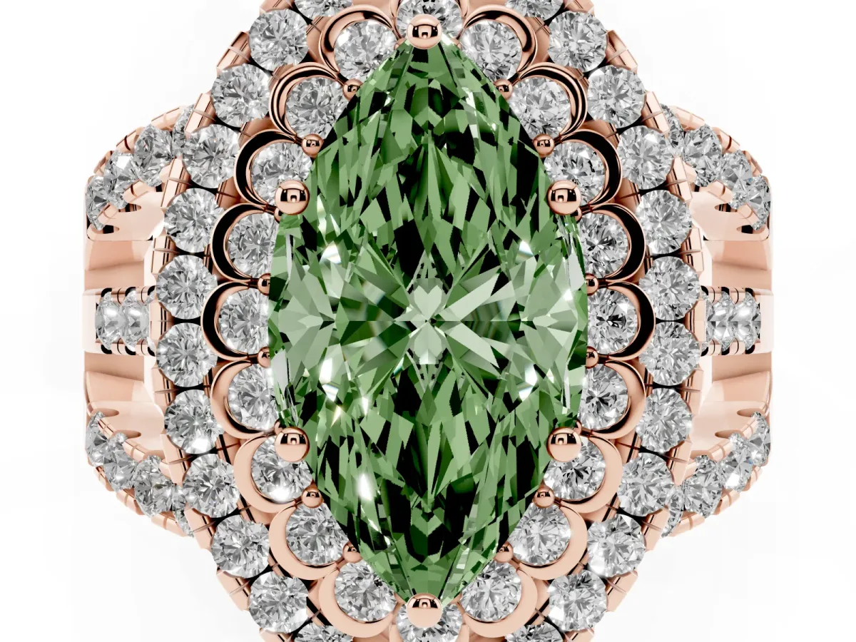 Fancy Green Marquise Cut Diamond Double Halo Ring with Round Pavé Split Shank and Prong Setting Rose gold