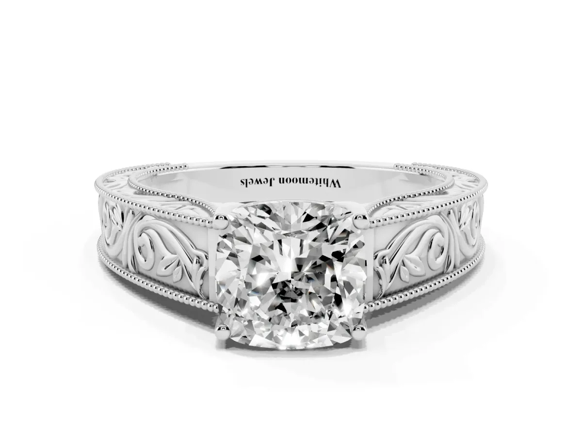 Cushion Cut Diamond Solitaire Ring with Engraved Band and Four-Prong Setting Silver