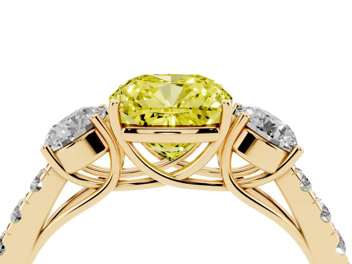 Fancy Yellow Cushion Cut Cut Diamond Three-Stone Ring with Round Side Stones and Pavé Band Yellow gold