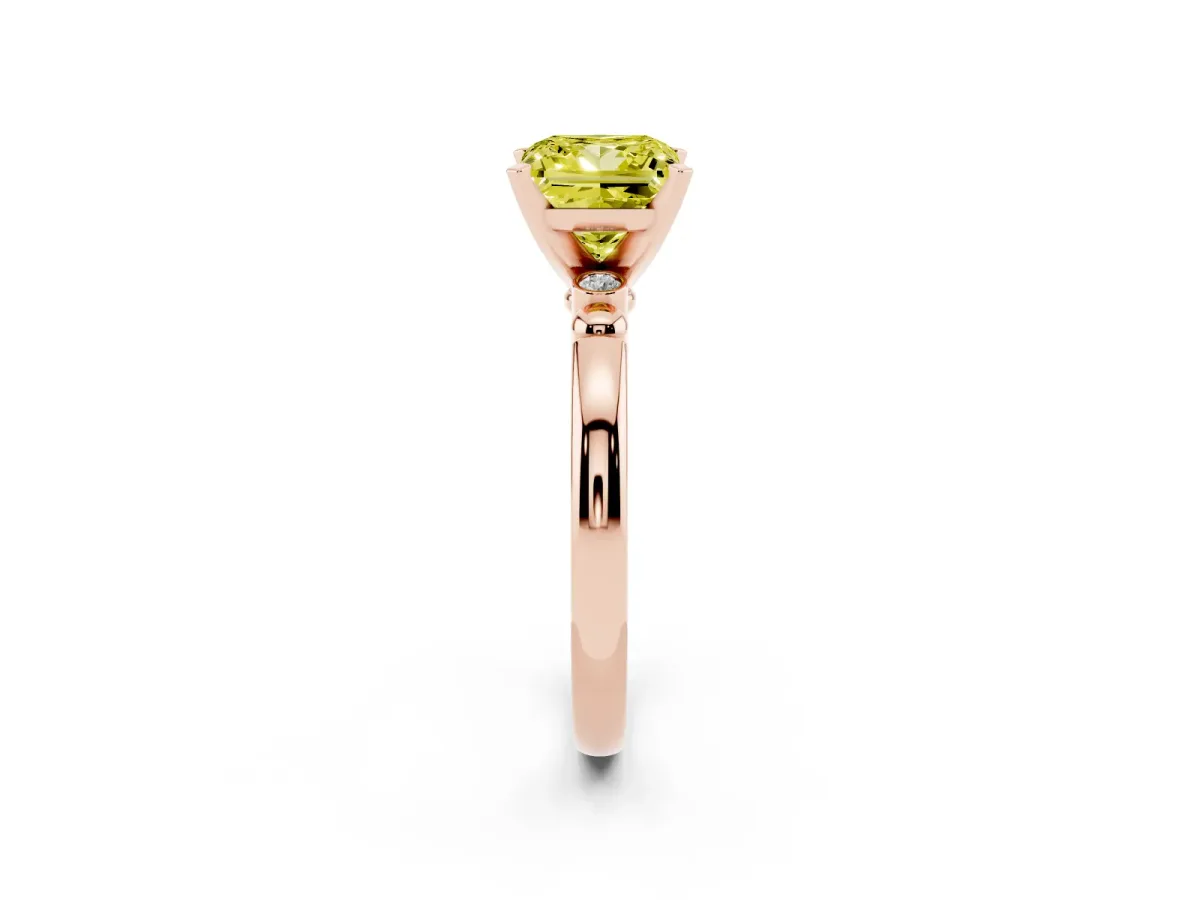 Fancy Yellow Princess Cut Solitaire Beaded Band with Four-Prong Setting Rose gold