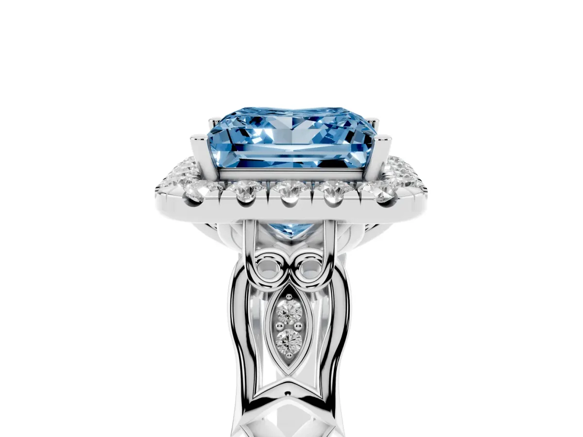 Fancy Blue Princess Cut Halo Diamond Engagement Ring with Filigree Band and Four-Prong Setting Silver