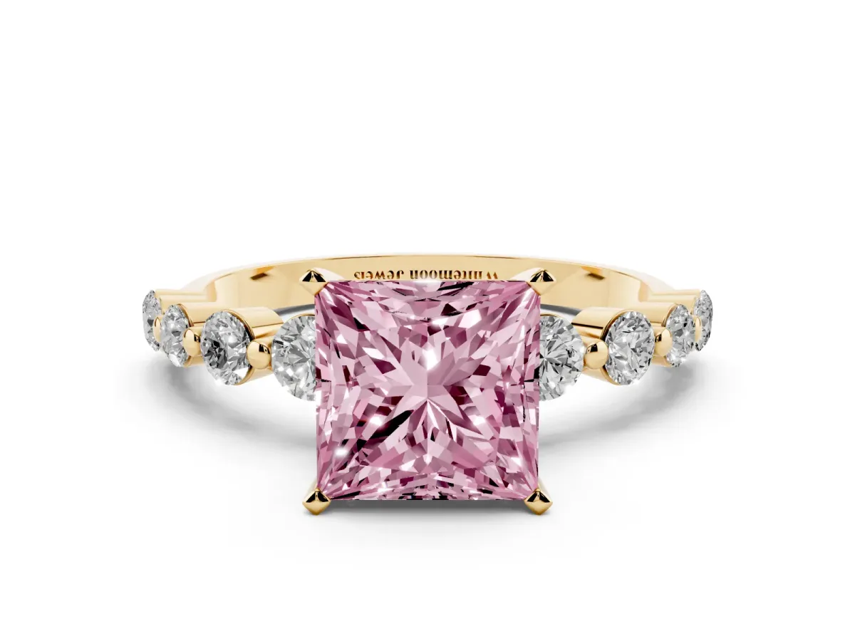 Fancy Pink Princess Cut Solitaire Diamond Ring with Pave Band and Four-Prong Setting Yellow gold
