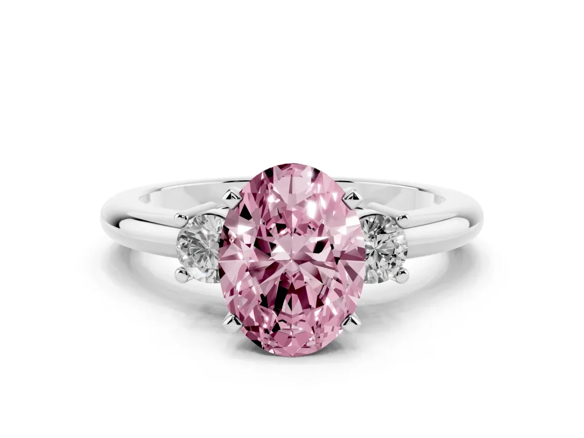 Fancy Pink Three-Stone Oval Cut Cut Diamond Solitaire with Prong Setting and Classic Band Silver
