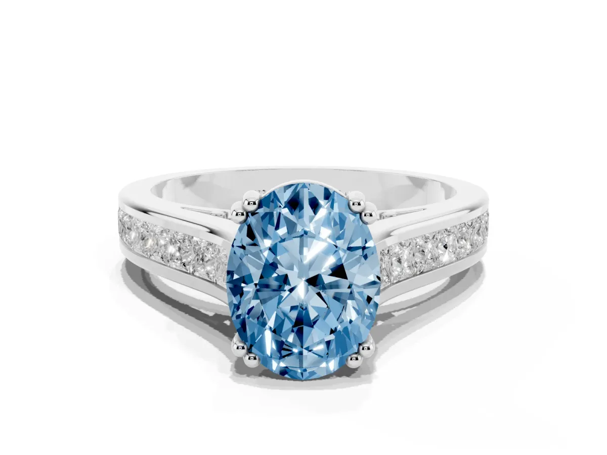 Fancy Blue Oval Cut Cut Channel Set Solitaire Engagement Ring with Prong Setting Silver