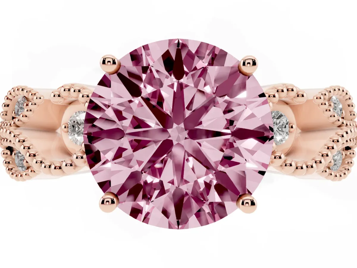 Fancy Pink Round Cut Solitaire Milgrain Leaf Band with Prong Setting Rose gold