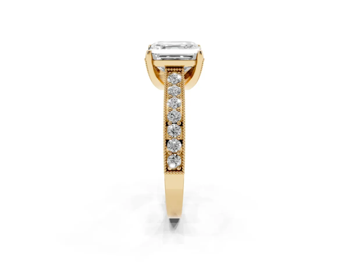 Asscher Cut Cut Diamond Solitaire Ring with Milgrain Pave Band and Four Prong Setting Yellow gold