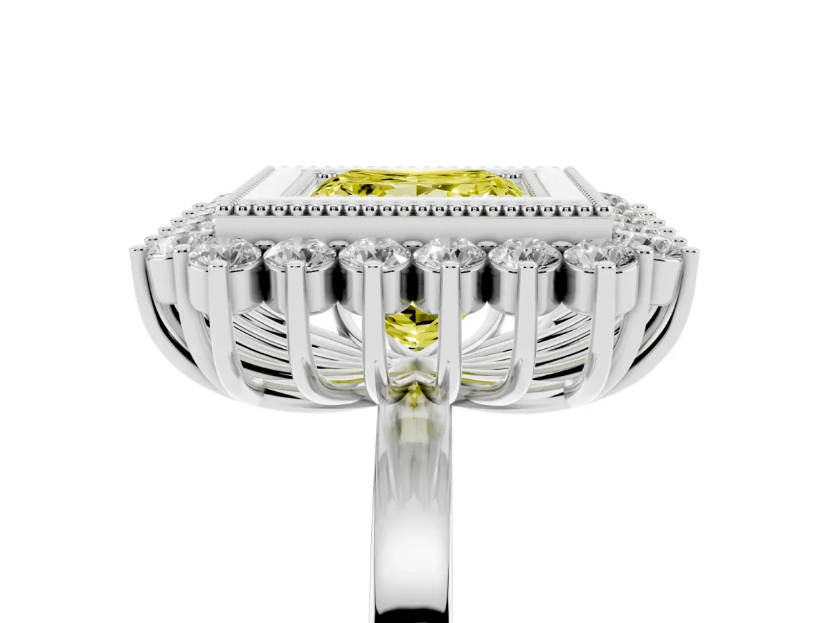 Fancy Yellow Princess Cut Halo Diamond Ring with Milgrain Edge and Round Prong Setting Silver