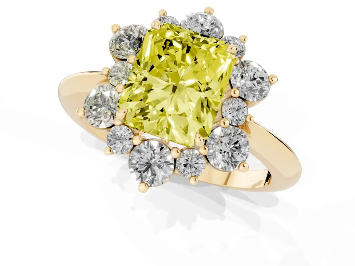 Fancy Yellow Radiant Cut Diamond Cluster Halo Ring with Solitaire Band and Four-Prong Setting Yellow gold