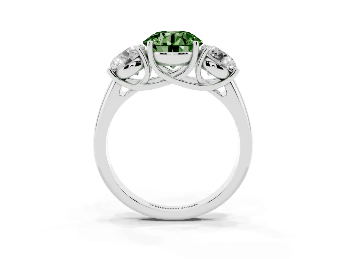 Fancy Green Three-Stone Round Cut Diamond Engagement Ring with Prong Setting Platinum