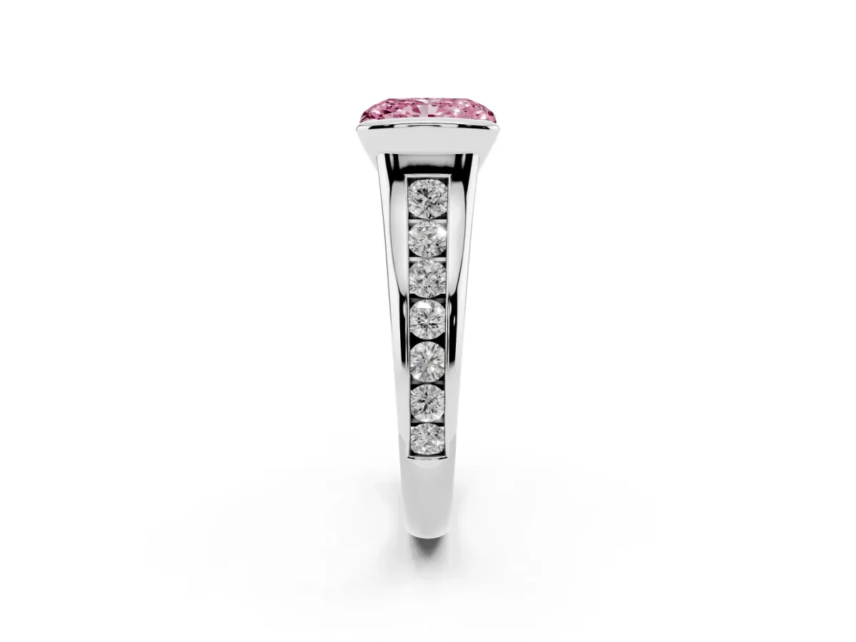 Fancy Pink Radiant Cut Solitaire Bezel-Set Diamond Ring with Channel-Set Band Silver