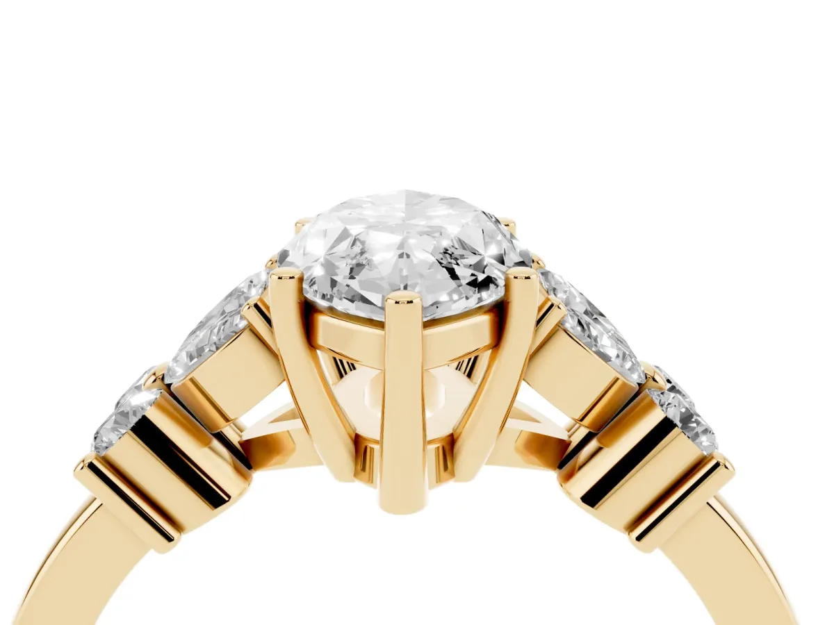 Marquise Cut Diamond Floral Cluster Ring with Solitaire Band and Prong Setting Yellow gold