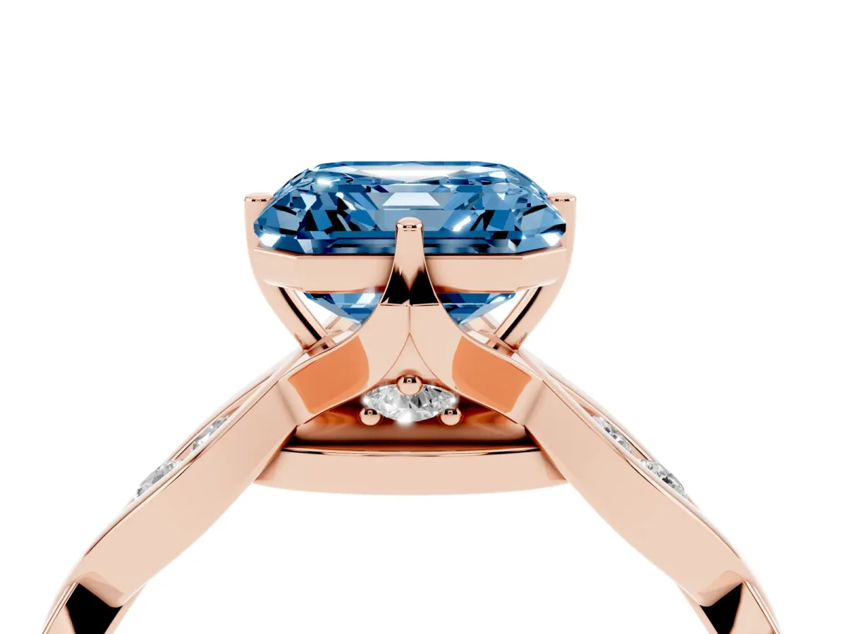 Fancy Blue Asscher Cut Solitaire Twist Band with Leaf Prong Setting Rose gold