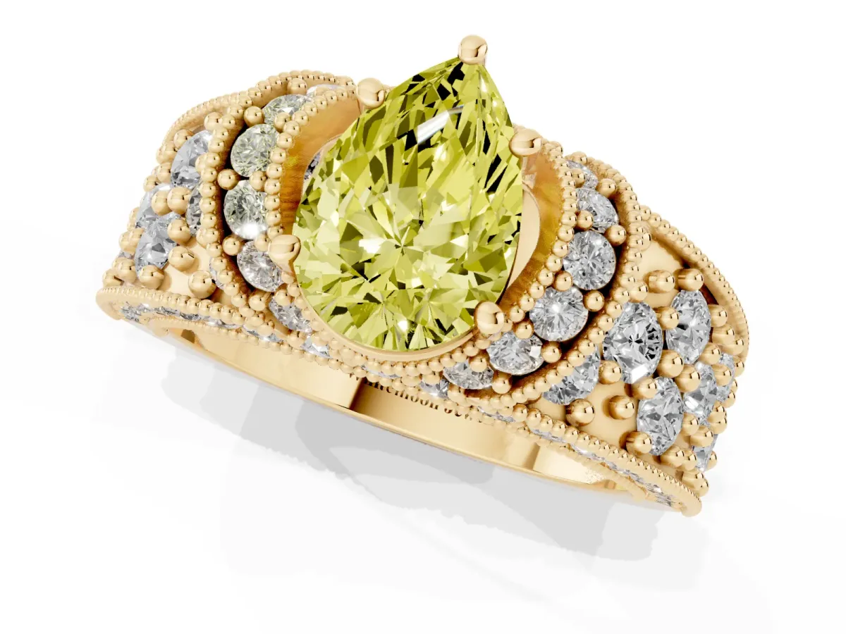 Fancy Yellow Pear Cut Halo Pave Diamond Engagement Ring with Milgrain Detailing Yellow gold