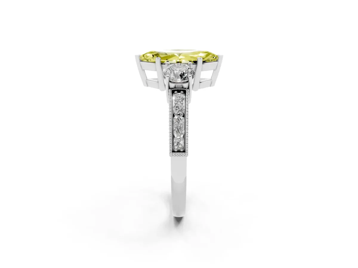 Fancy Yellow Marquise Cut Three-Stone Diamond Ring with Pavé Band and Four-Prong Setting Silver