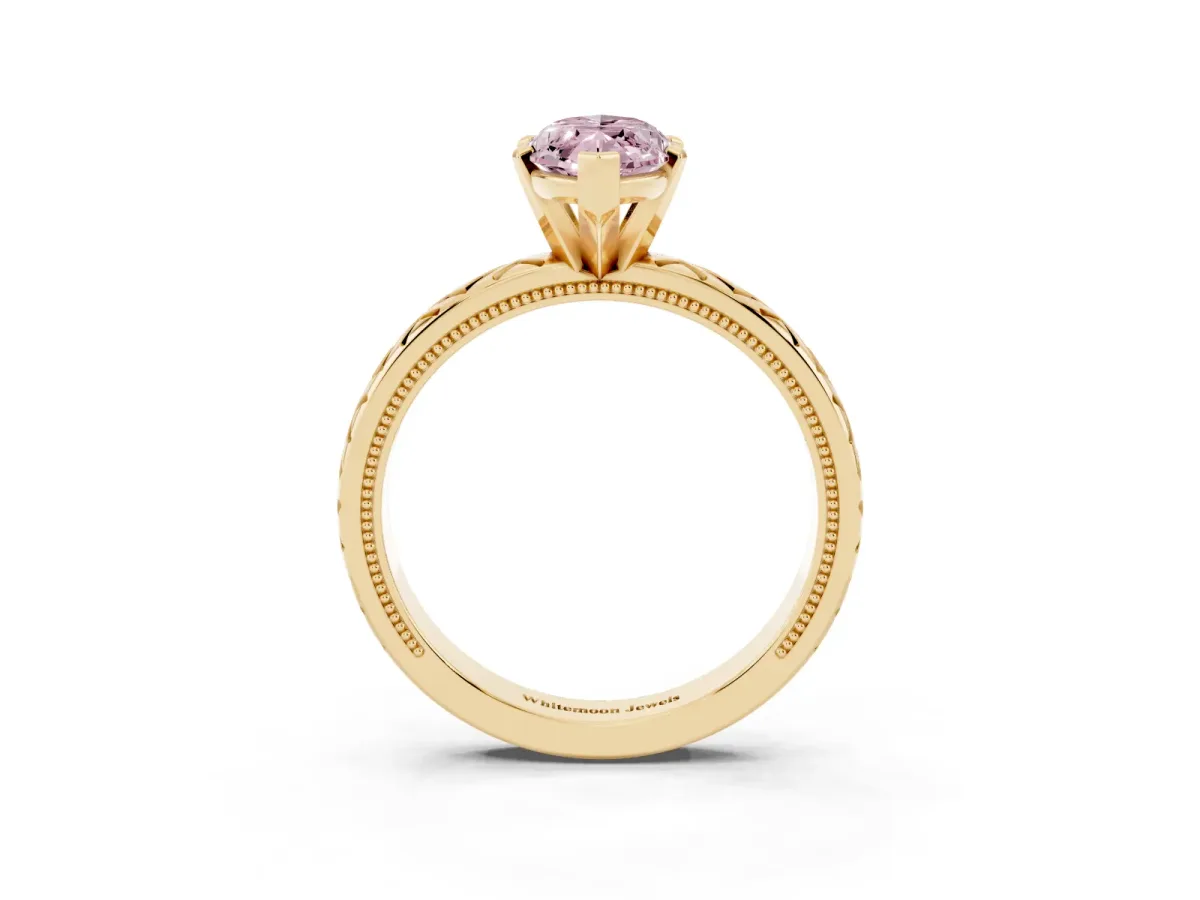 Fancy Pink Marquise Cut Solitaire Diamond Ring with Milgrain and Black Enamel X Pattern Band Yellow gold
