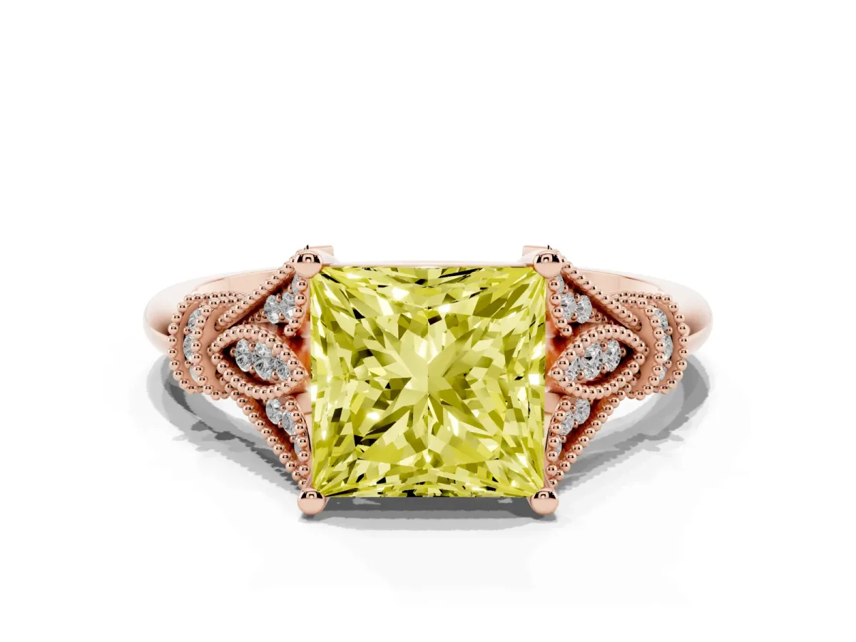 Fancy Yellow Princess Cut Diamond Solitaire Ring with Floral Filigree and Pave Accents Rose gold