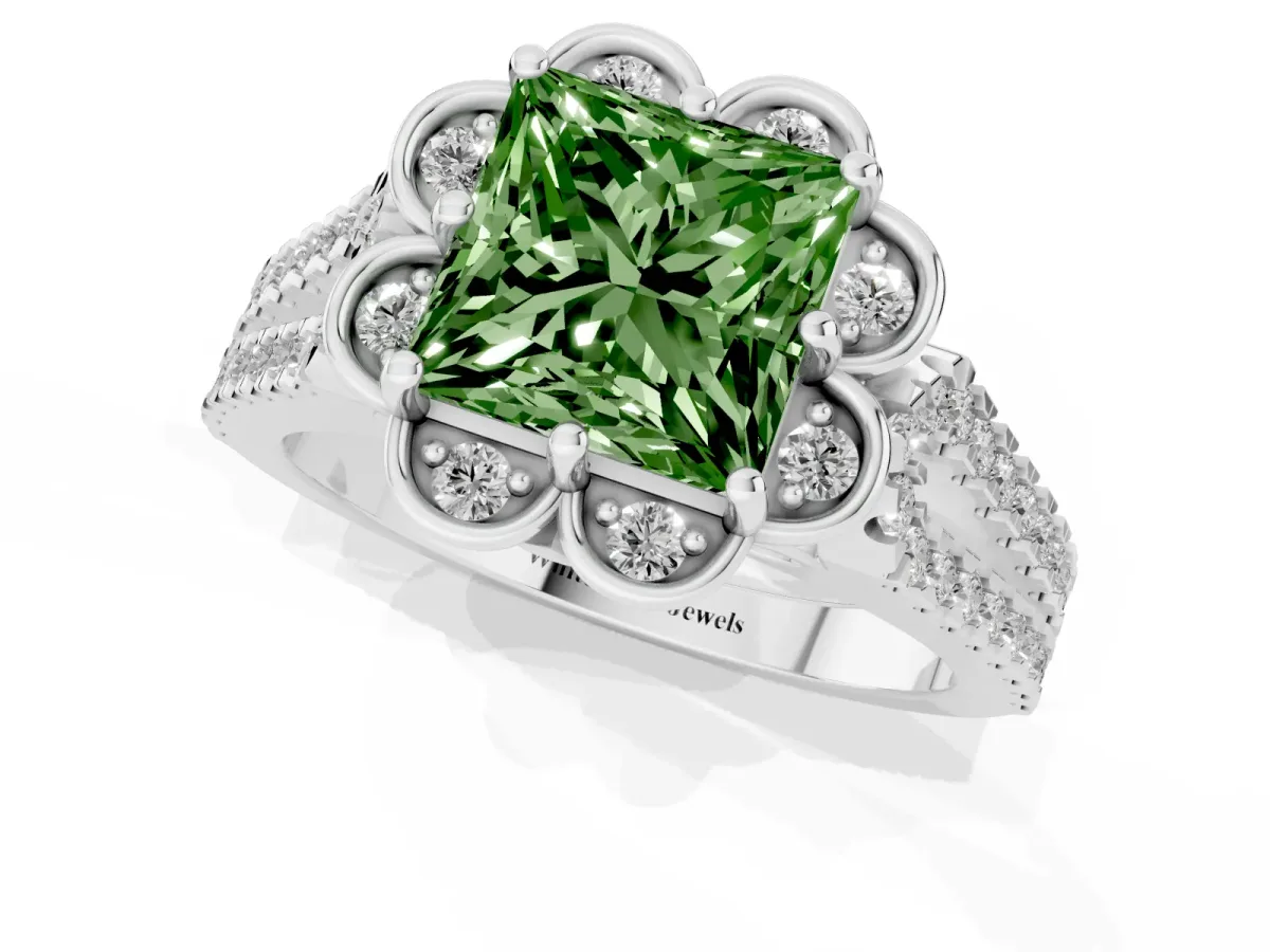 Fancy Green Princess Cut Halo Diamond Floral Split Shank Engagement Ring Silver