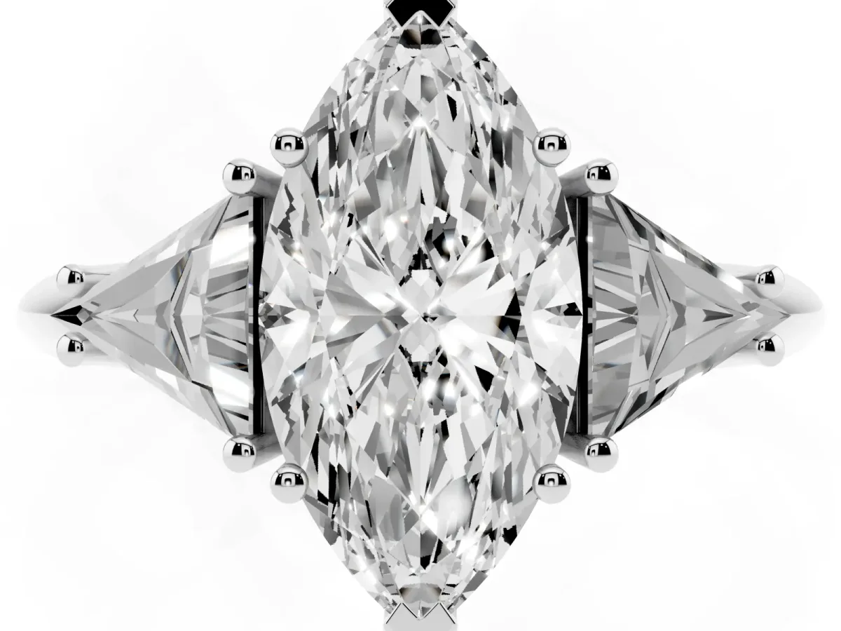 Three-Stone Marquise Cut Diamond Engagement Ring with Trillion Side Stones and Prong Setting Silver