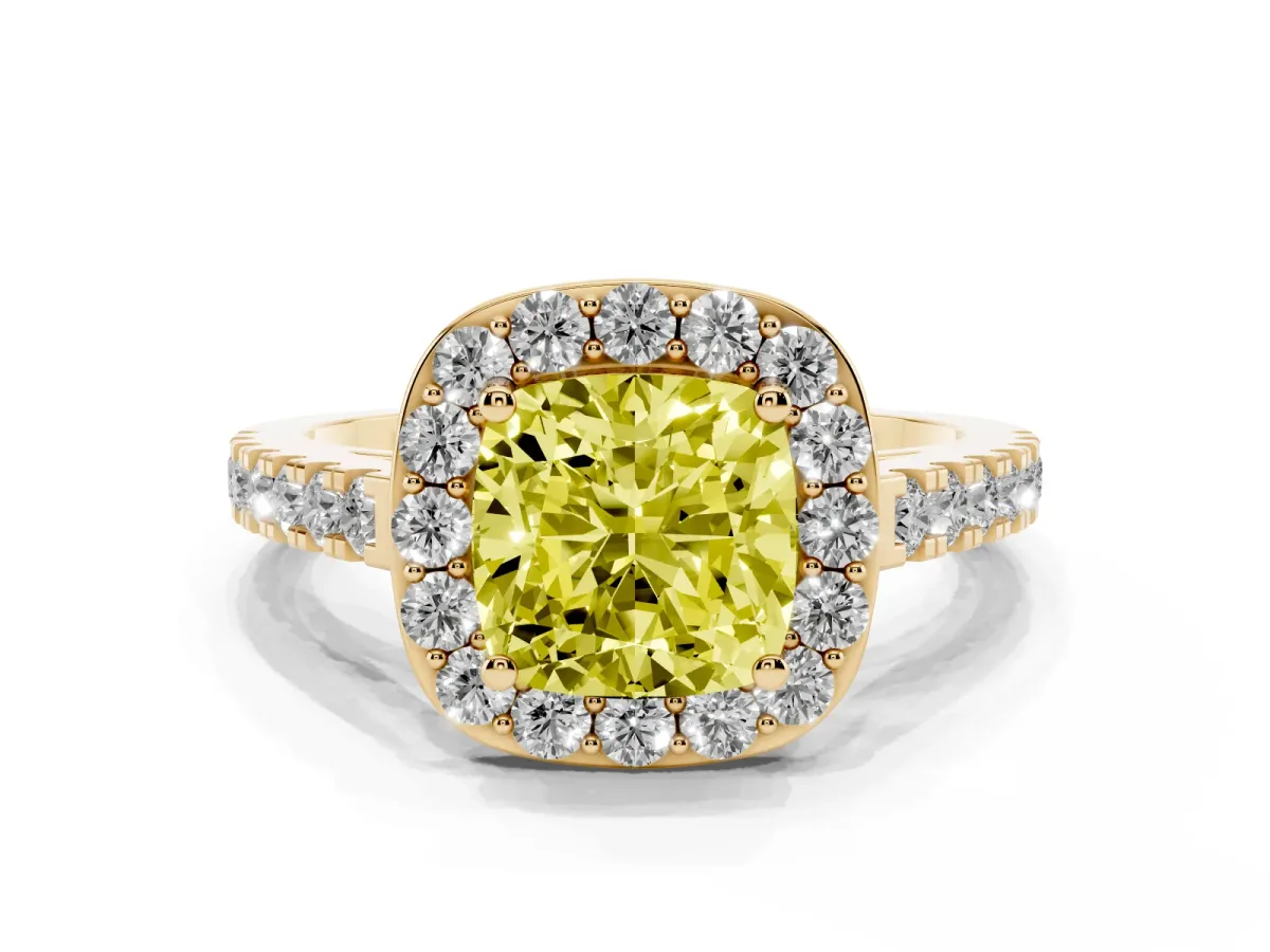 Fancy Yellow Cushion Cut Diamond Halo Ring with Round Pavé Split Shank and Prong Setting Yellow gold